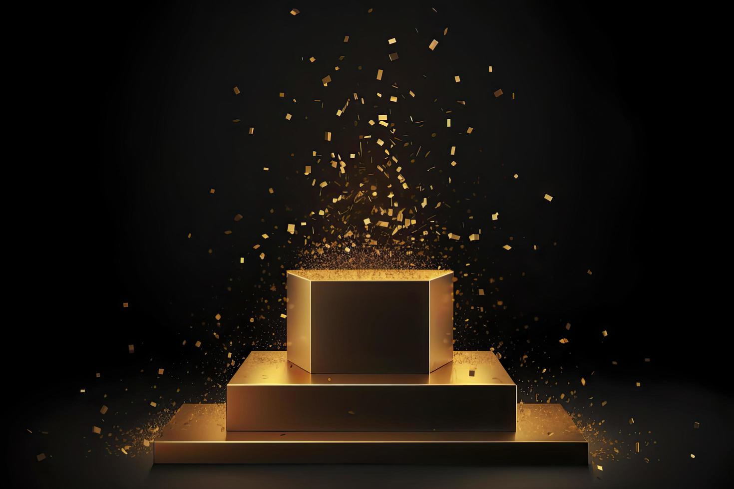 Golden podium with a spotlight on a dark background, falling golden confetti, first place, fame and popularity photo