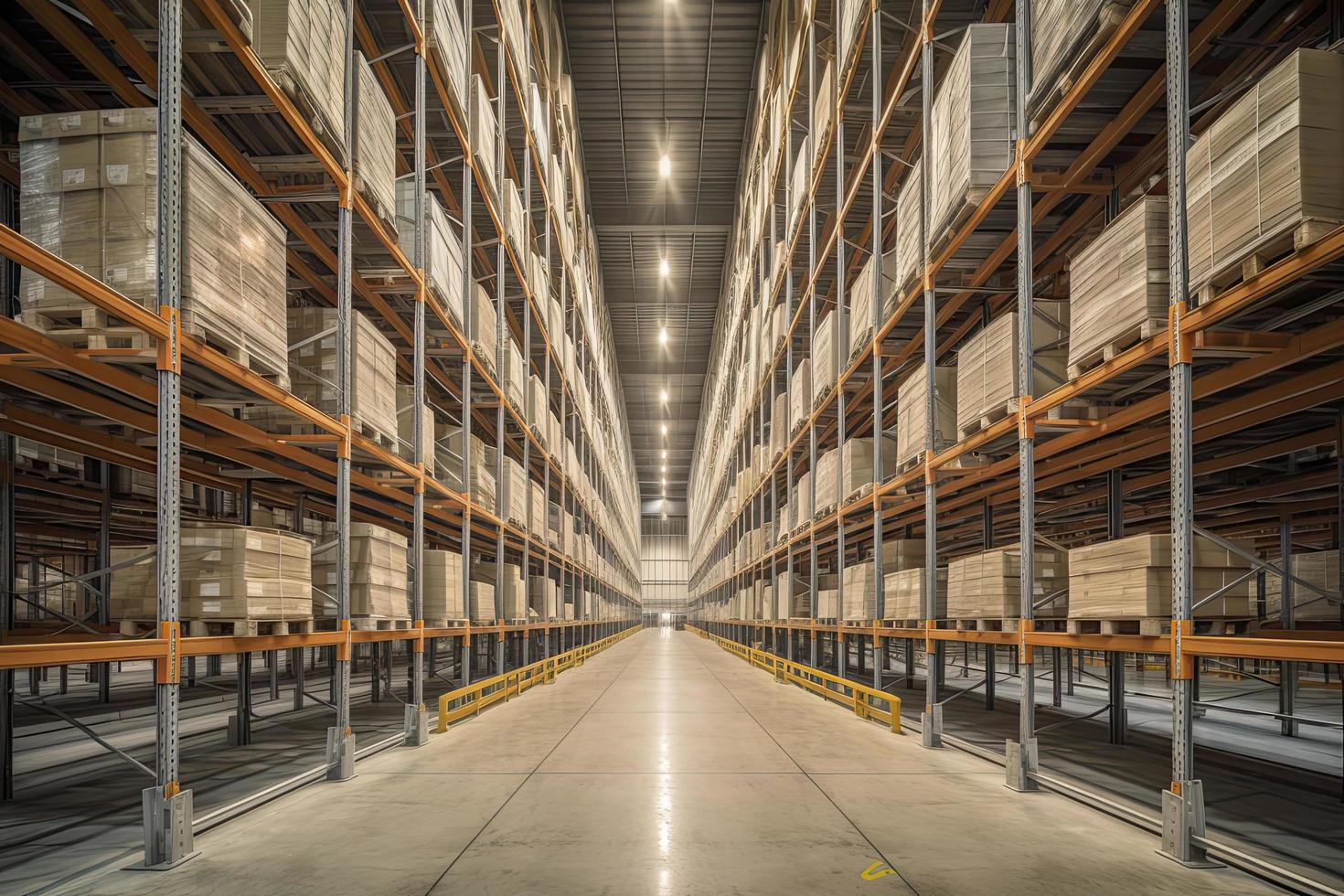 Huge distribution warehouse with high shelves photo