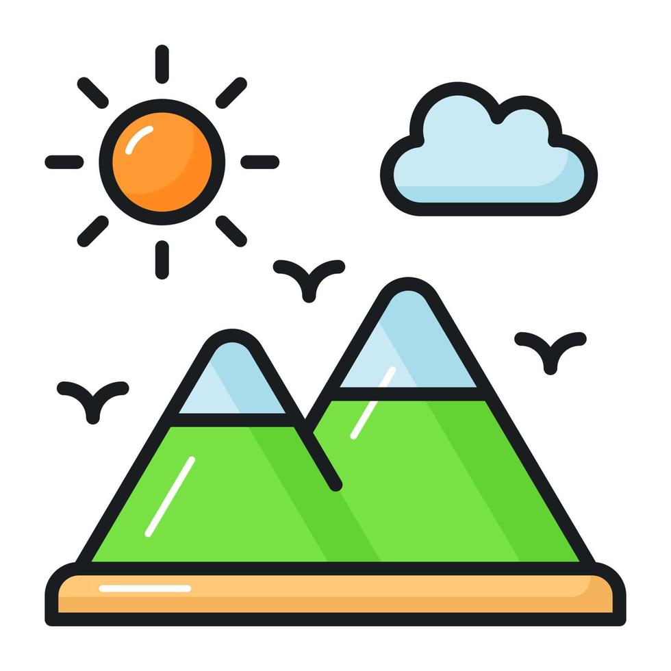 A beautiful view of the mountain landscape. Mountain and sun denoting icon of hill station in trendy style vector