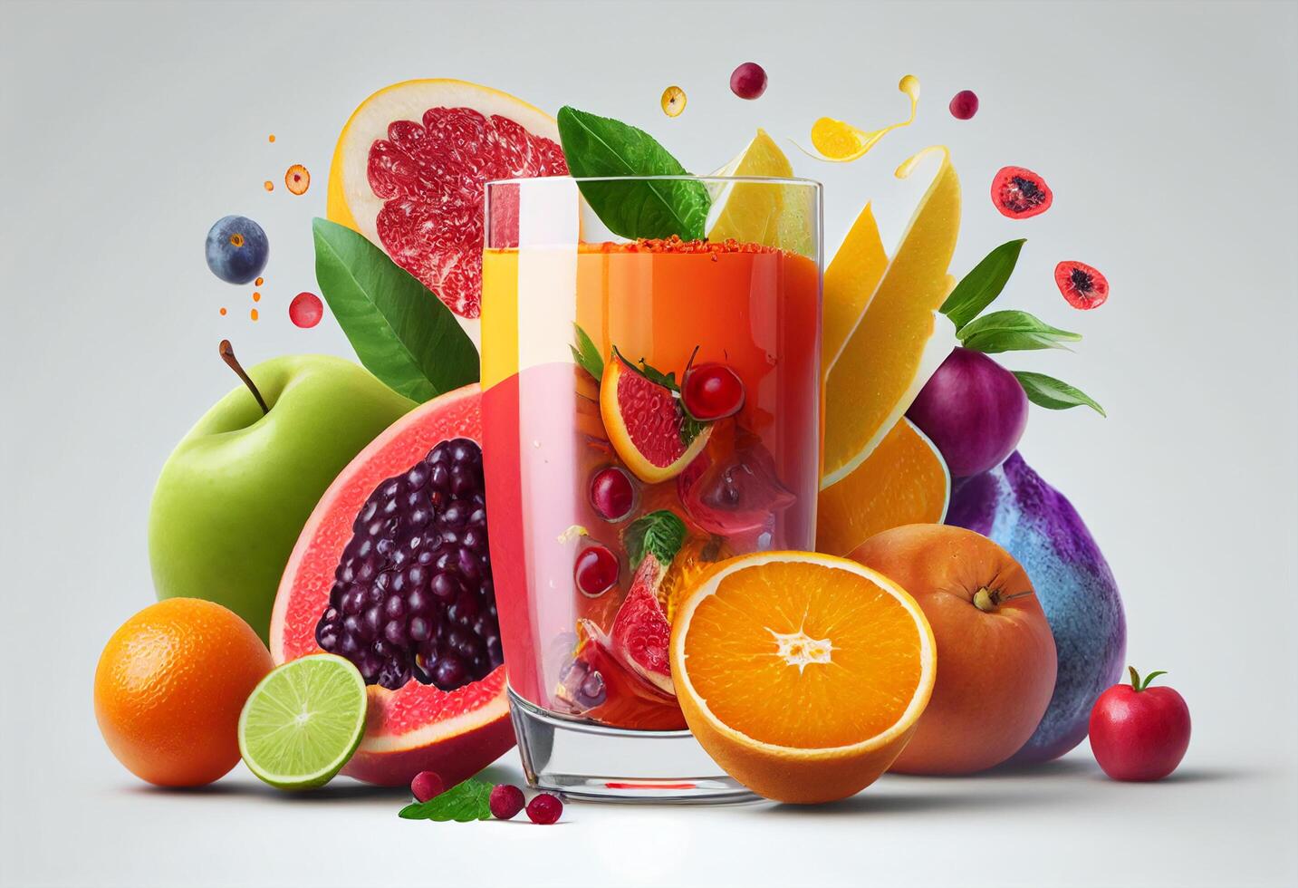 mezcla Fruta jugo en un vaso con Fresco frutas generativo ai foto