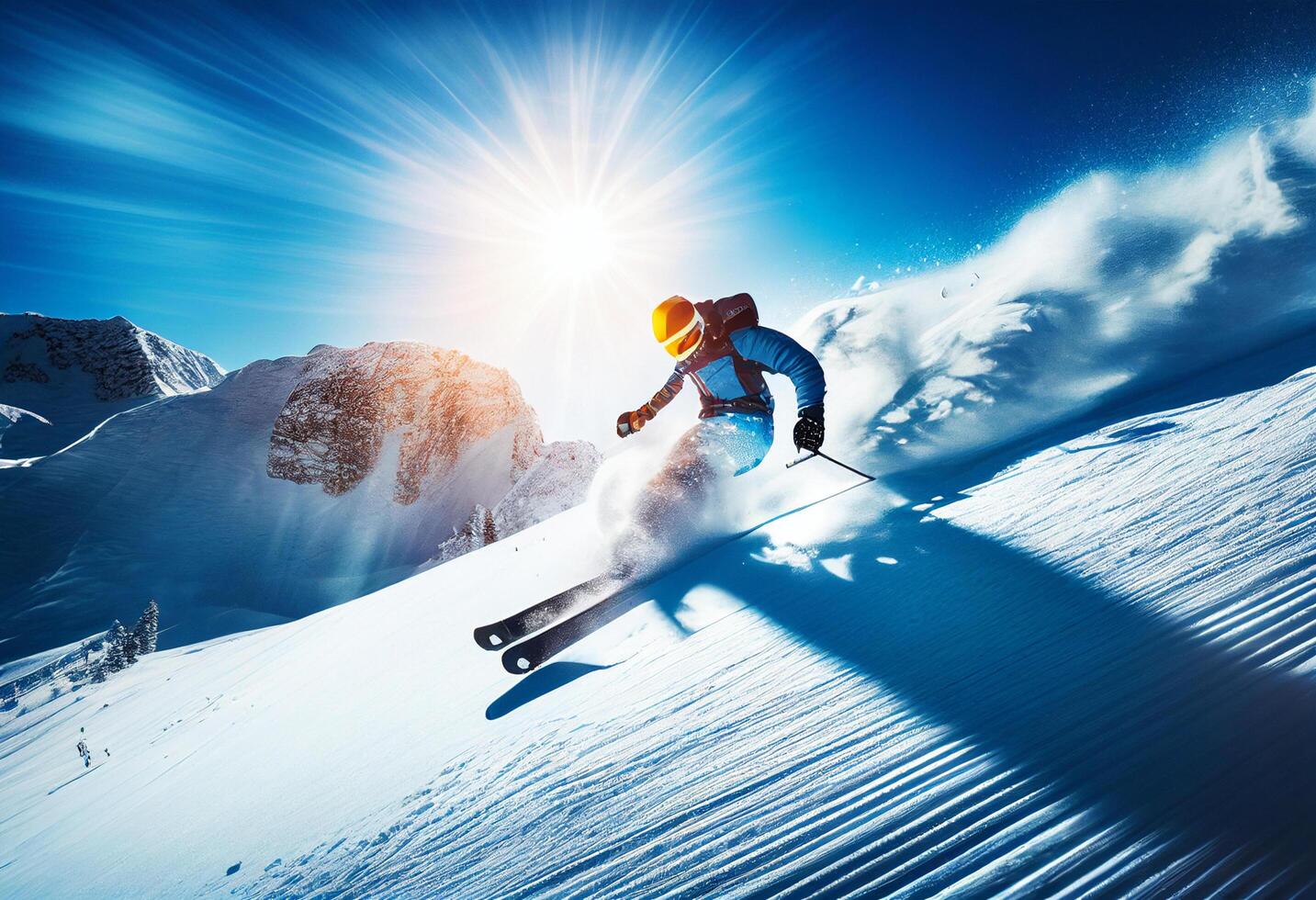 Skier skiing downhill in high mountains during sunny day. Mixed media photo