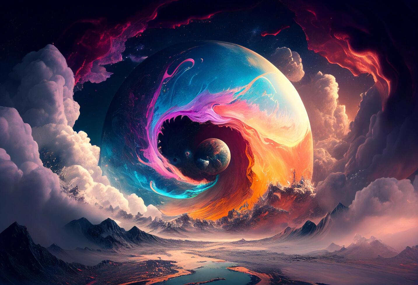 Fantasy alien planet. Mountain. 3D illustration of a fantasy planet. photo