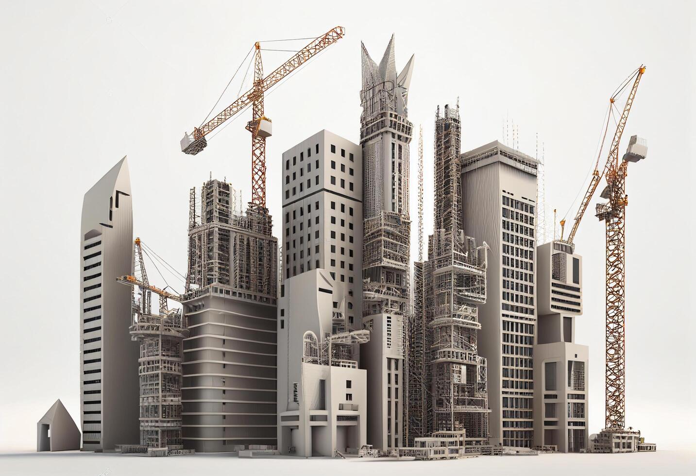 Construction site with cranes and building materials. 3d rendering. photo