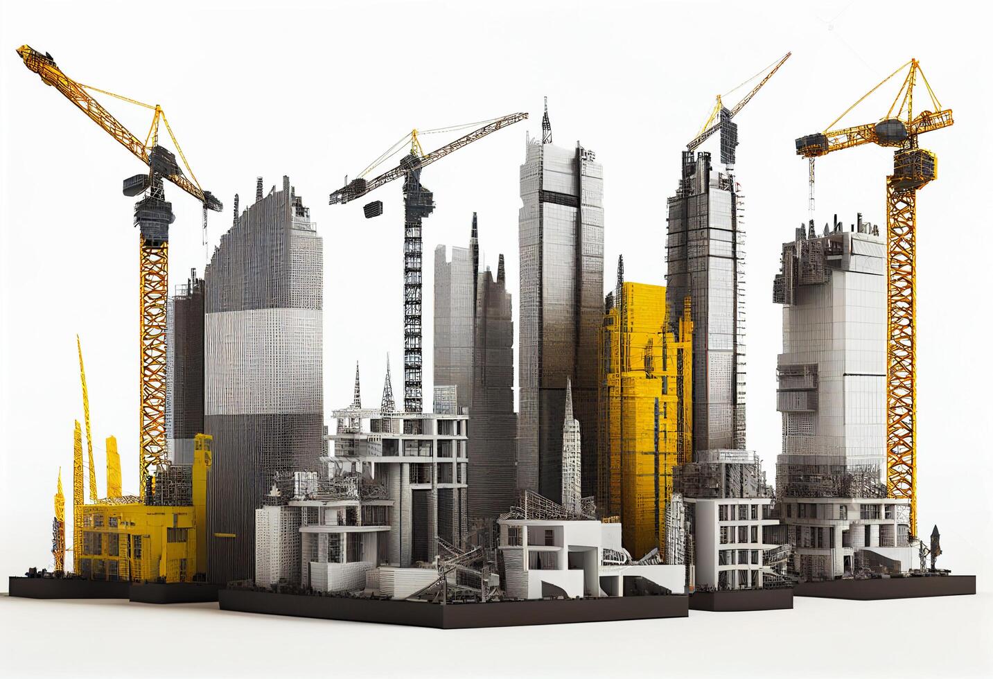 Construction site with cranes and building materials. 3d rendering. photo