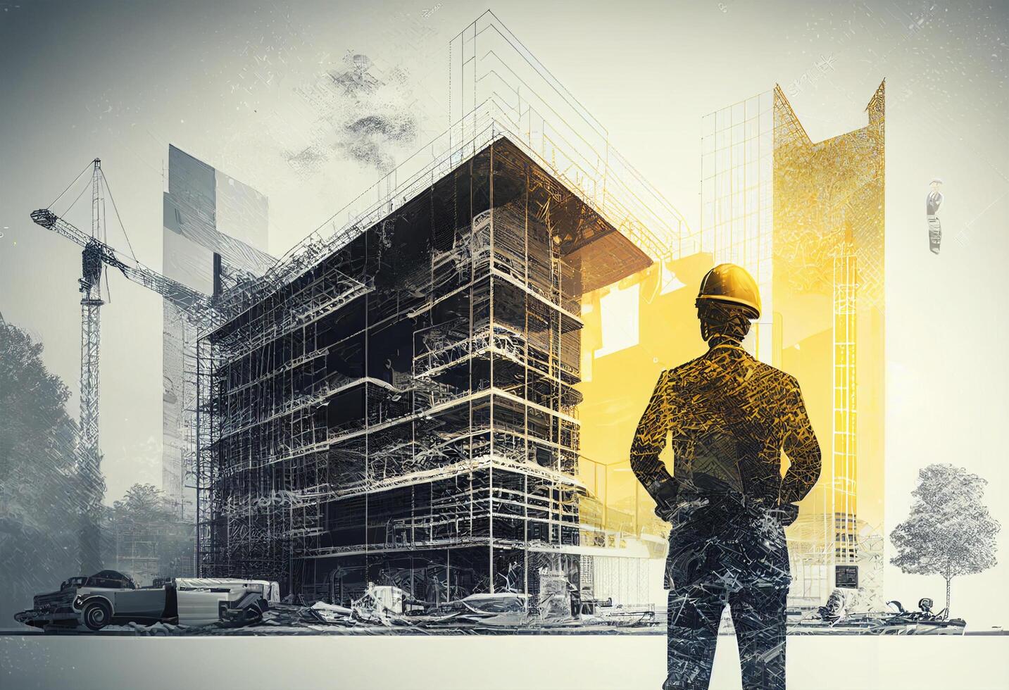 Silhouette of engineer looking at construction site. Engineering concept. Double exposure photo
