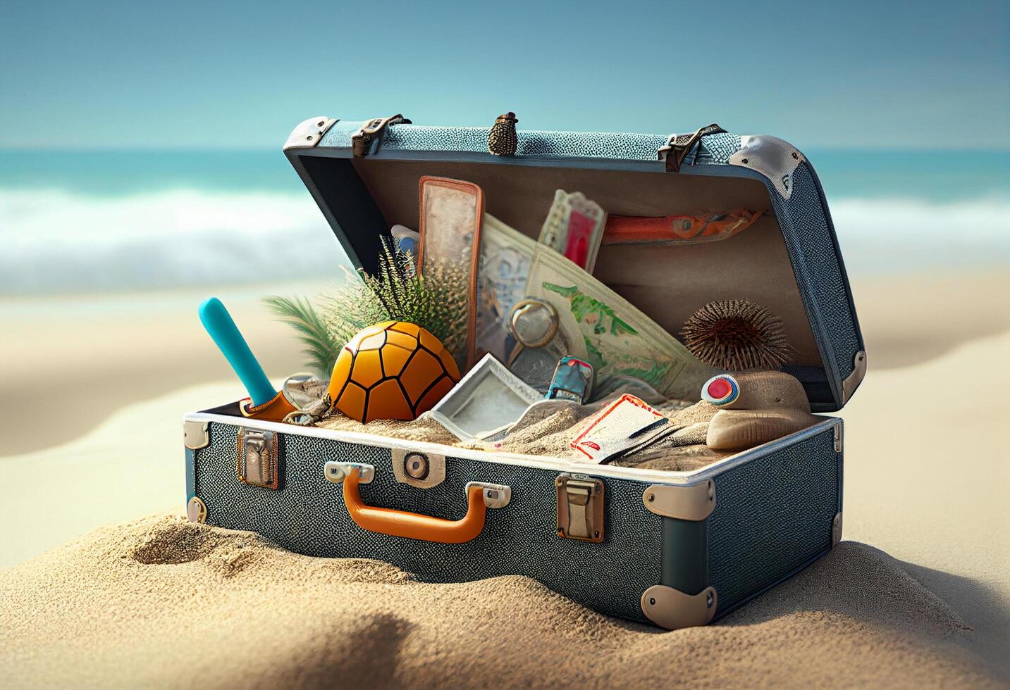 Travel suitcase with travel stuff on the beach. 3d illustration. photo