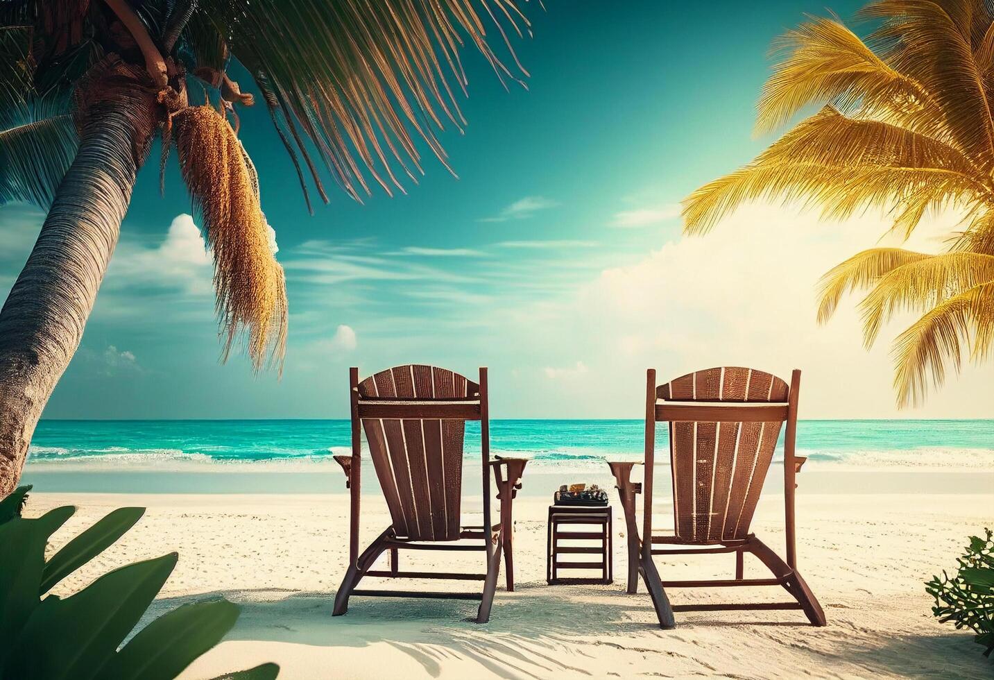 playa sillas en el arena de un tropical playa. 3d representación generativo ai foto
