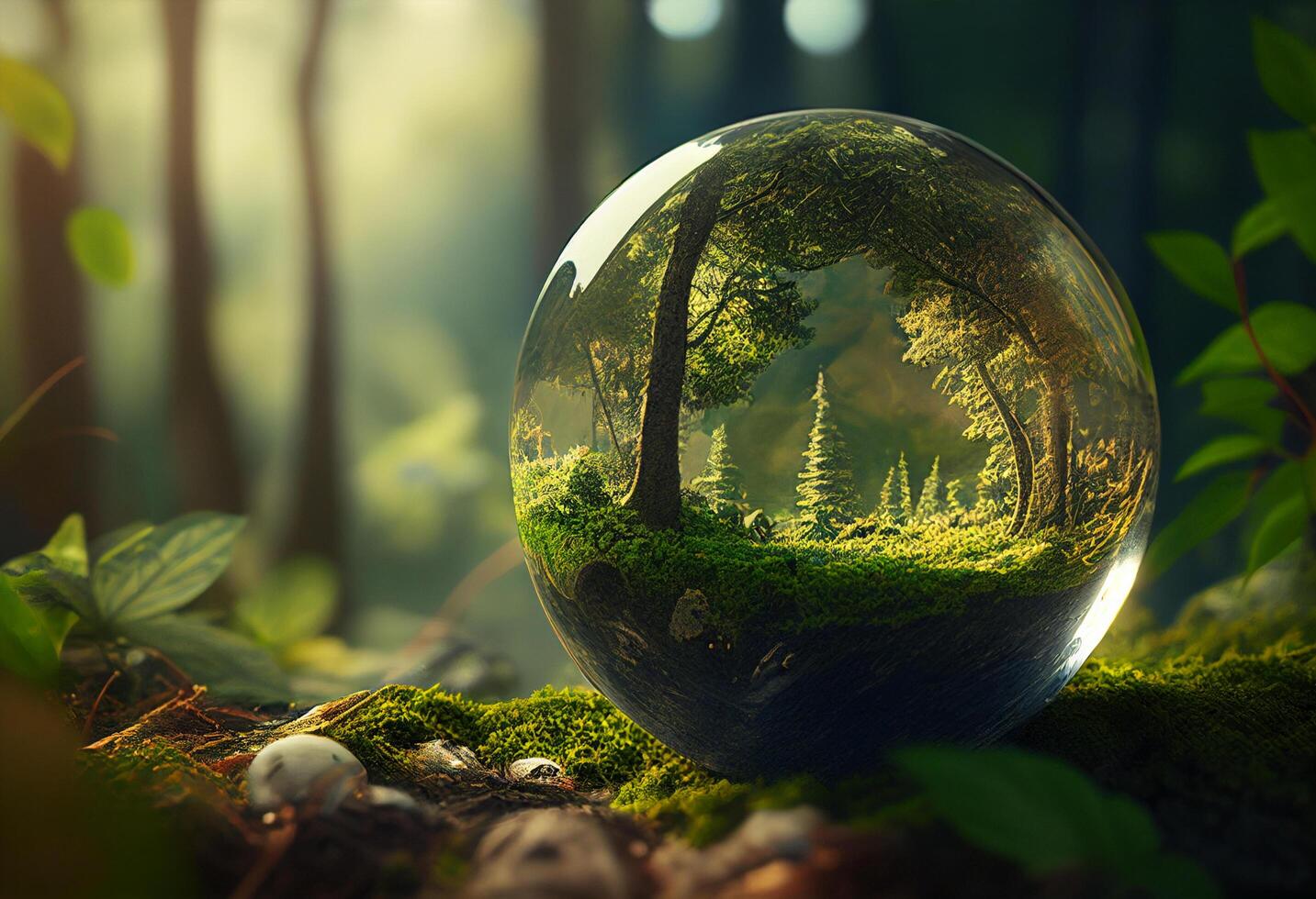 Crystal ball in green forest with ferns. 3D rendering photo