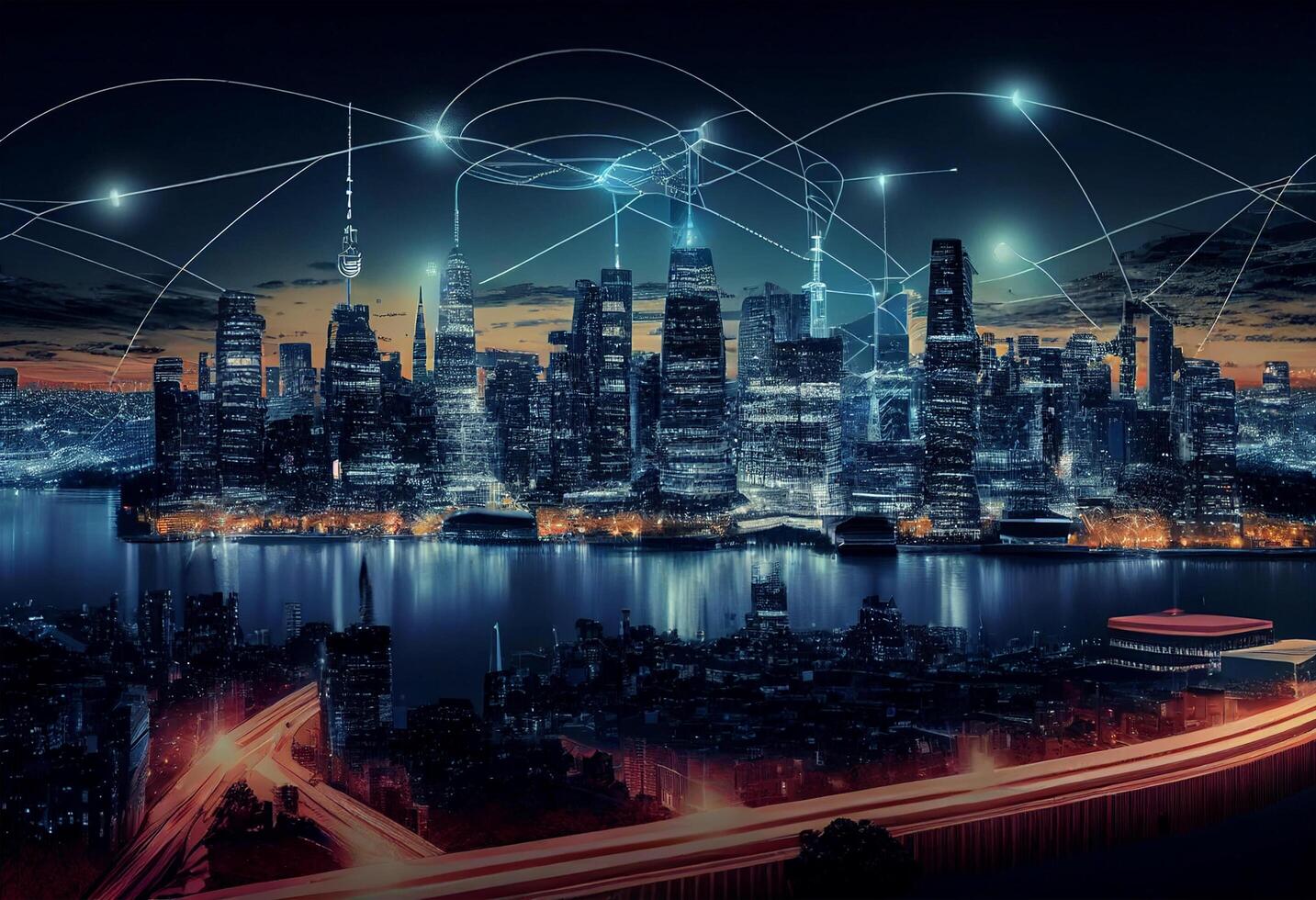 Abstract image of modern city and network connection concept. 3D Rendering photo