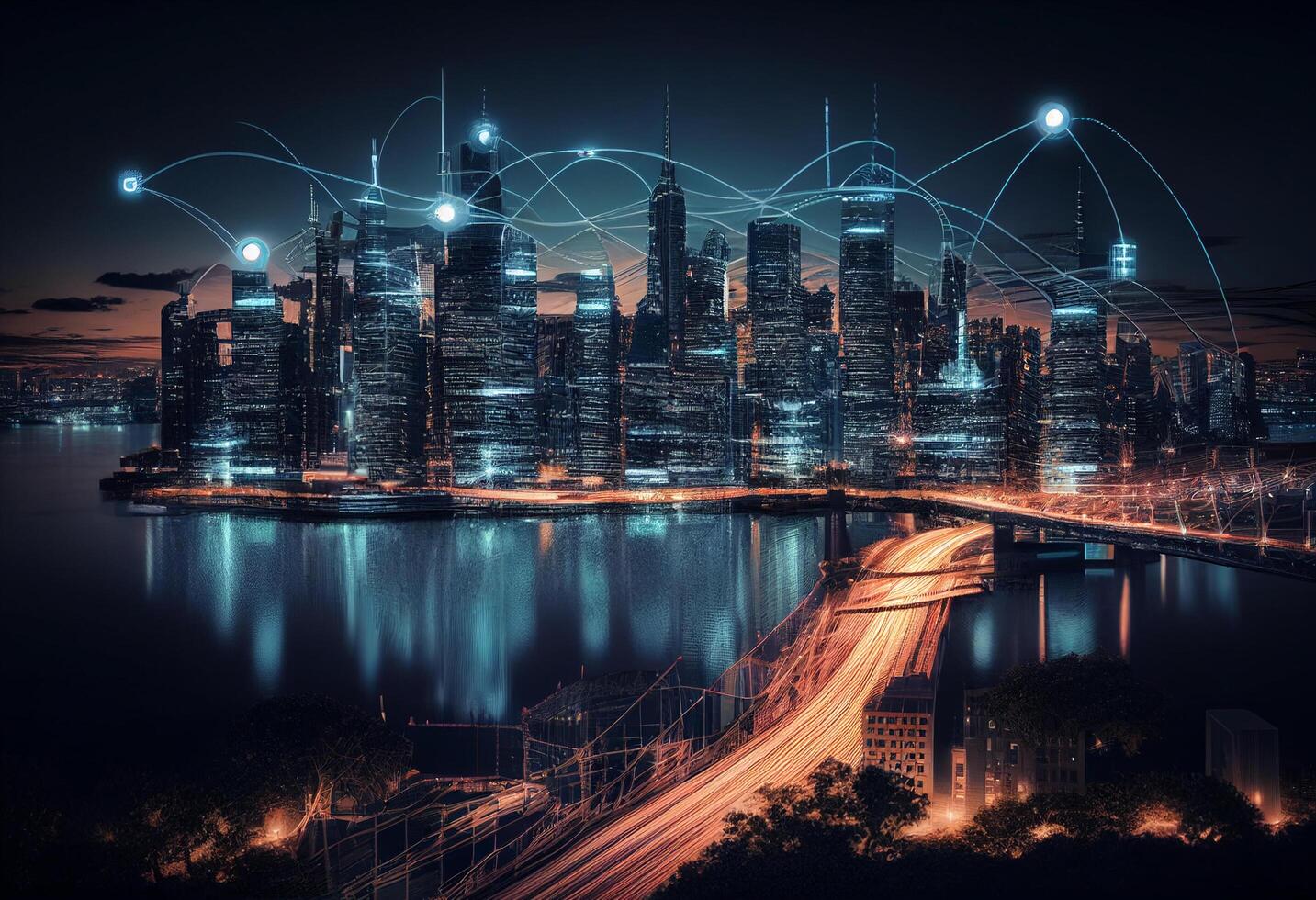 Abstract image of modern city and network connection concept. 3D Rendering photo