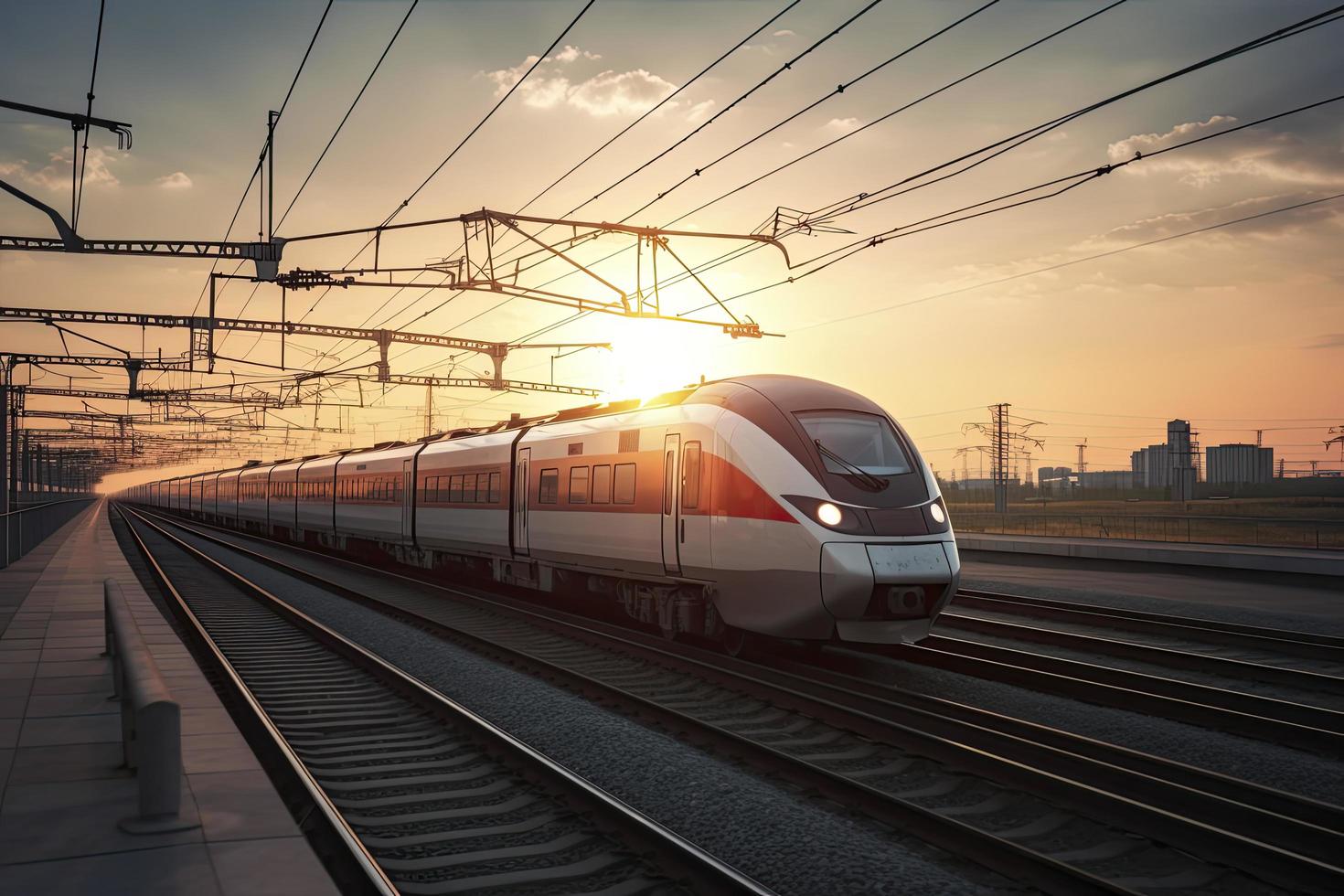 High speed train in motion on the railway station at sunset photo