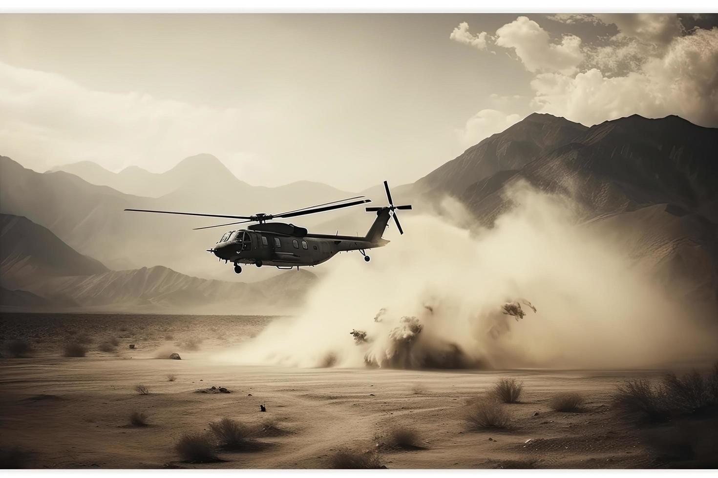 military chopper crosses crosses fire and smoke in the desert, wide poster design photo