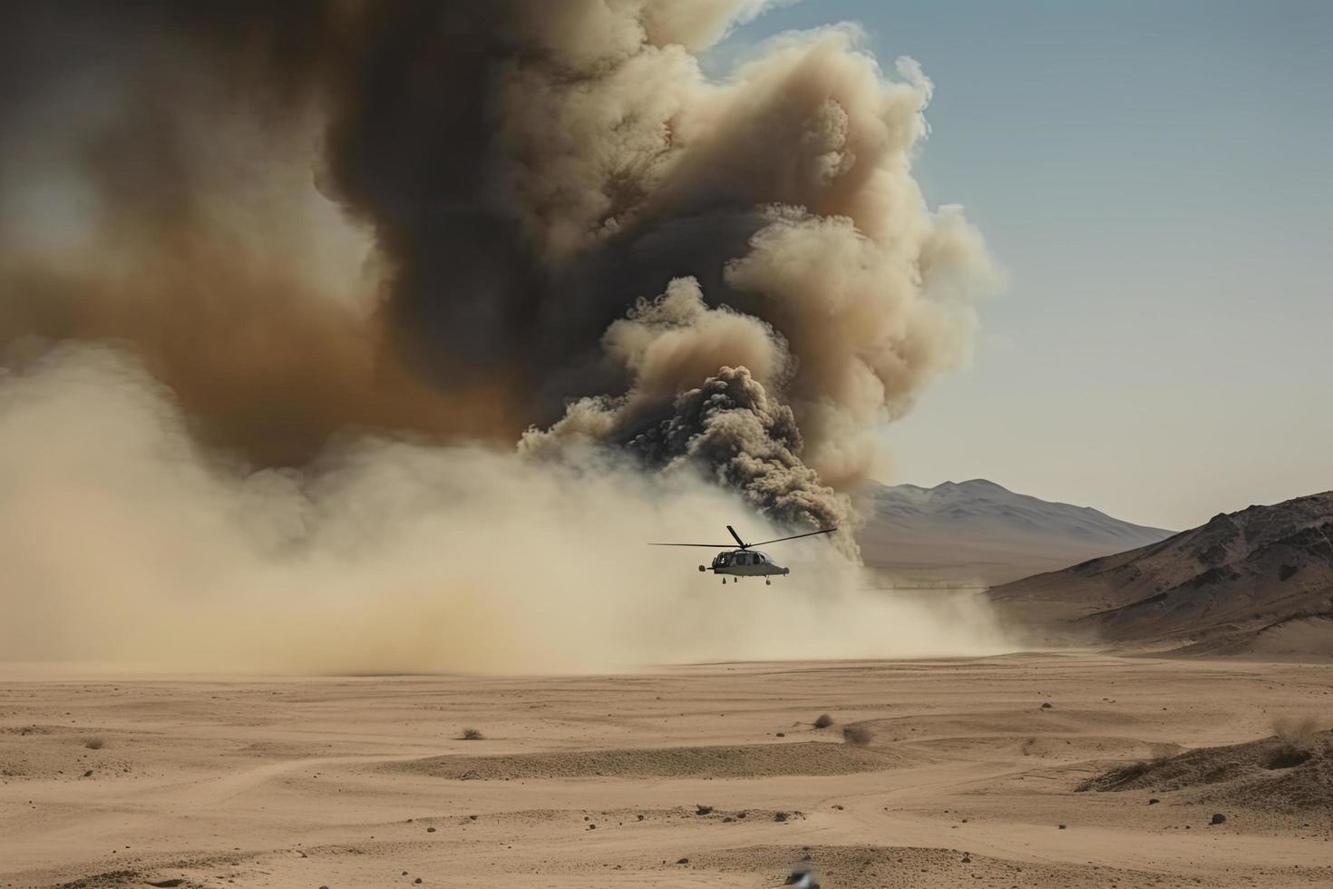 military chopper crosses crosses fire and smoke in the desert, wide poster design photo