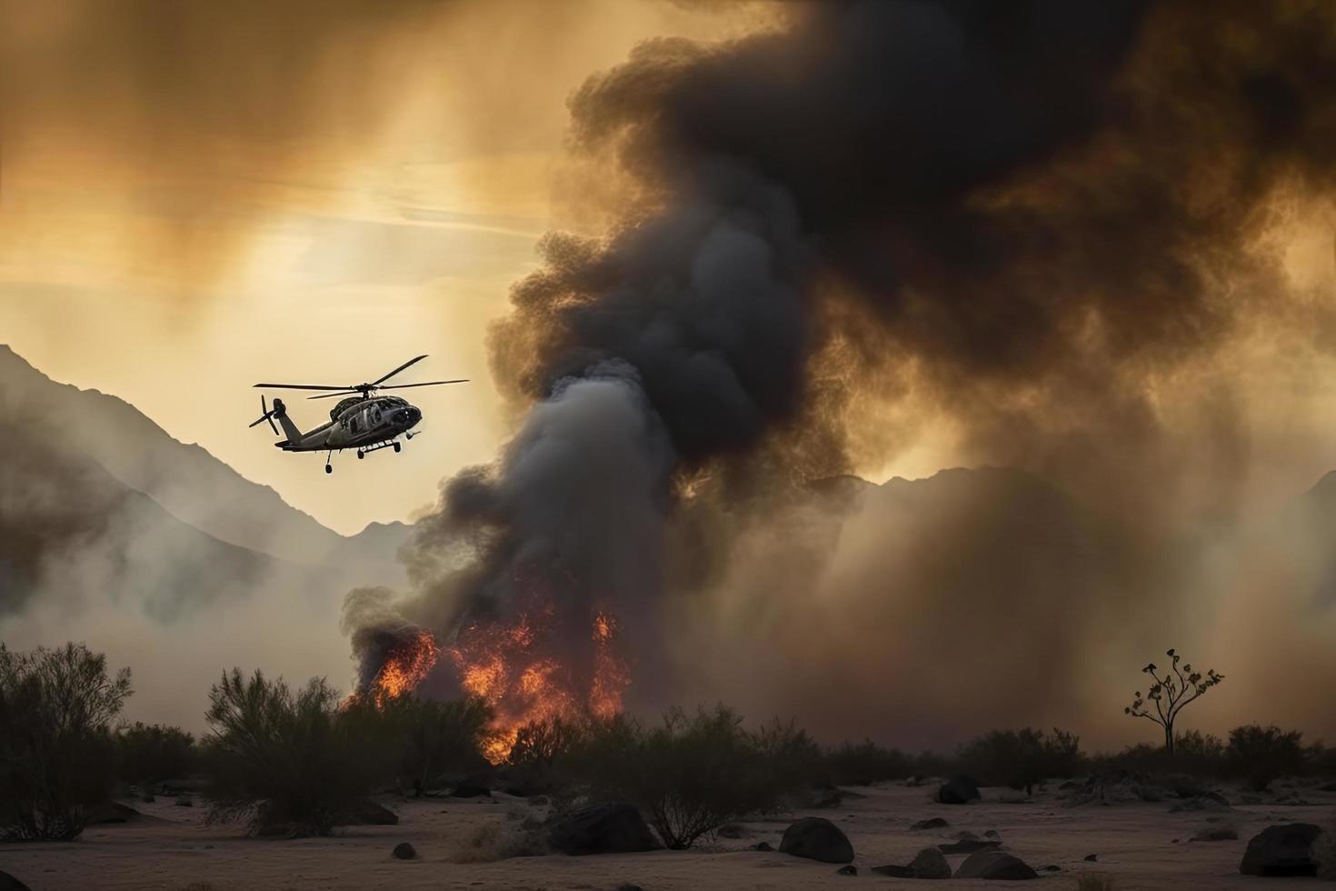 military chopper crosses crosses fire and smoke in the desert, wide poster design photo