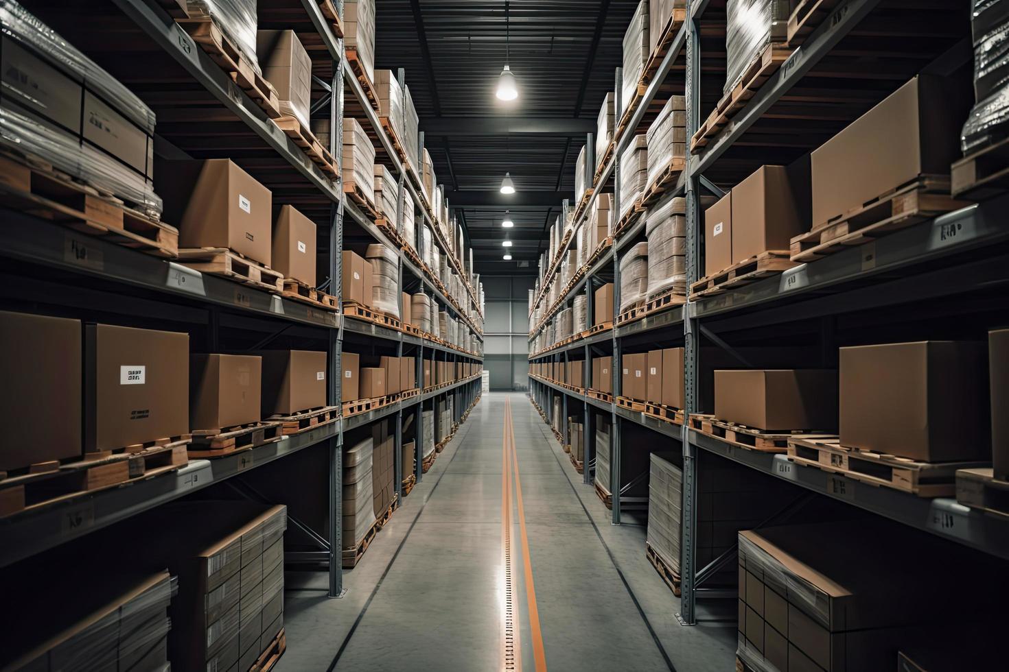 Huge distribution warehouse with high shelves photo