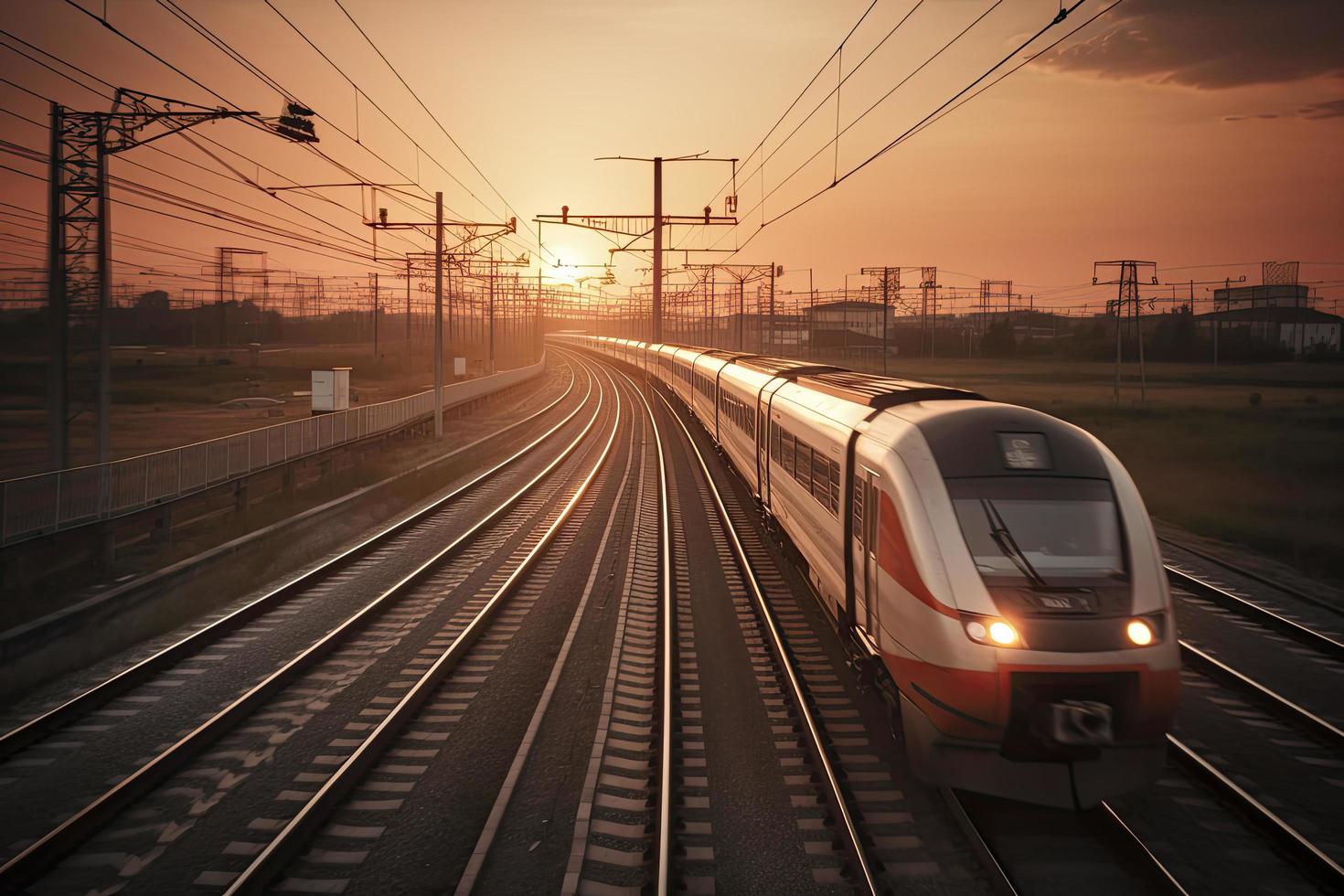 High speed train in motion on the railway station at sunset photo