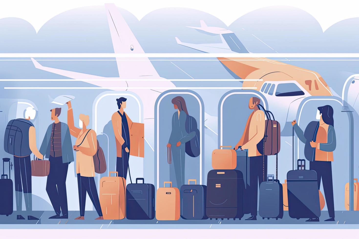 Passenger placing hand luggage, bag on overhead bin in airplane. Angry