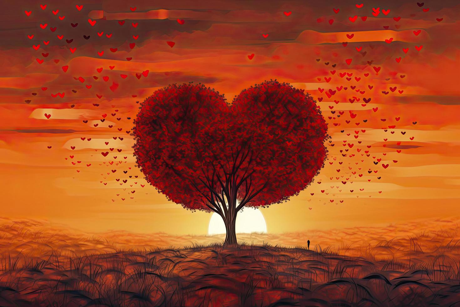 Heart Tree Love For Nature Red Landscape At Sunset photo