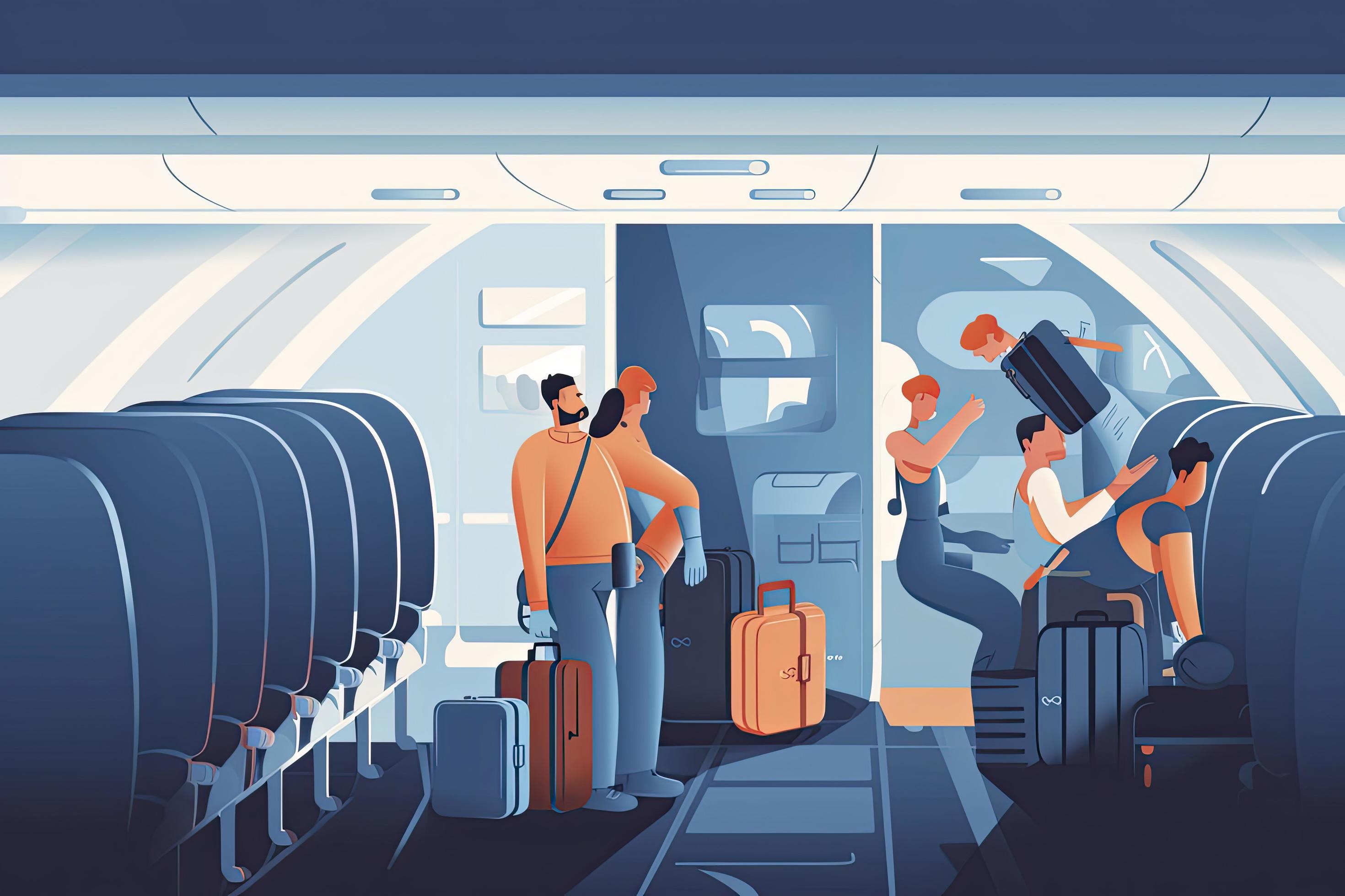 Passenger placing hand luggage, bag on overhead bin in airplane. Angry