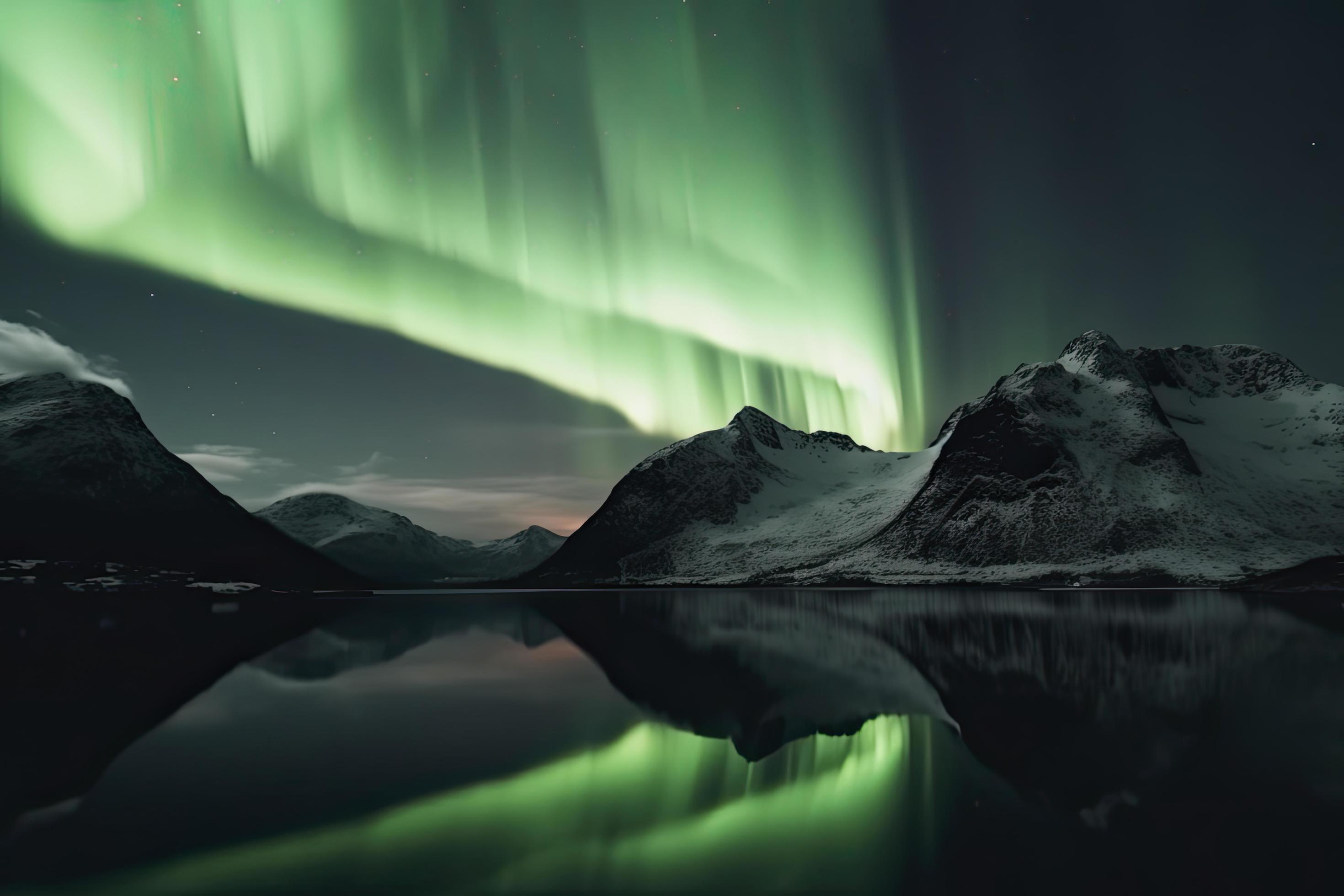 Aurora borealis on the Norway. Green northern lights above mountains. Night sky with polar