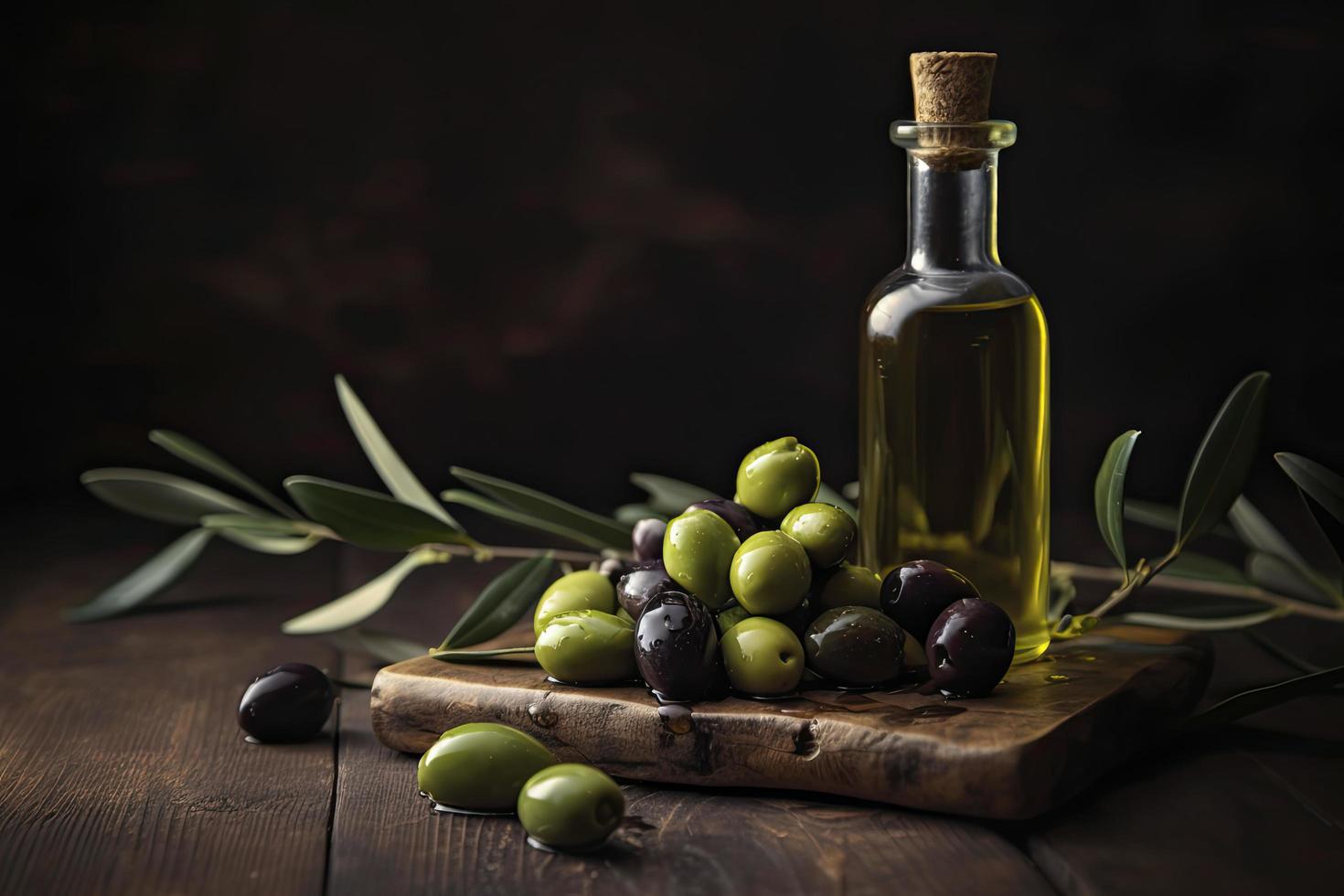 Olive oil with fresh olives on rustic wood close up photo