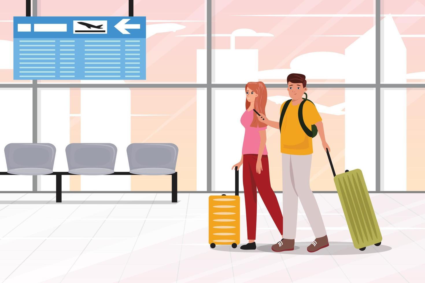 Young happy couple walking indoor at the airport. vector