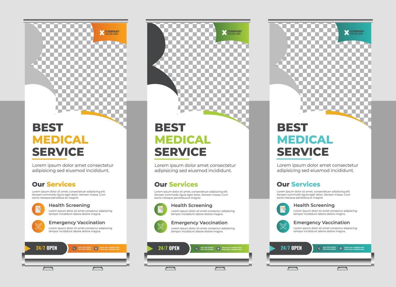 médico cuidado de la salud servicios rodar arriba bandera diseño, o promoción, exhibición, impresión, presentación diseño y concepto para hospital médico clínica dental X espectador de pie bandera modelo vector