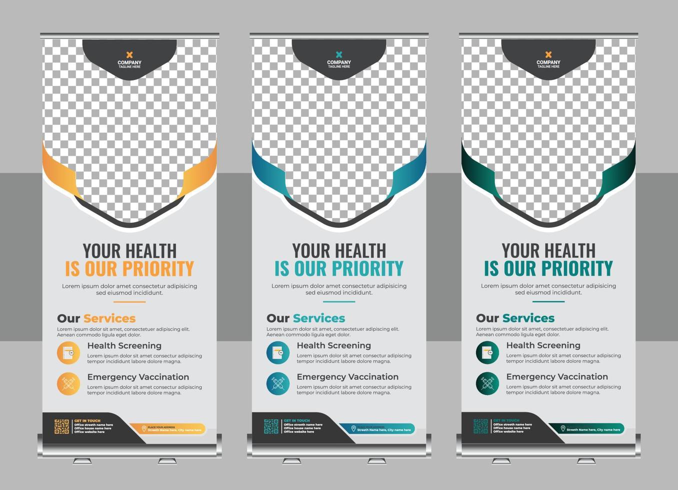 Medical Healthcare services roll up banner design, or promotion, exhibition, printing, presentation layout and concept for hospital doctor clinic dental x standee banner layout vector