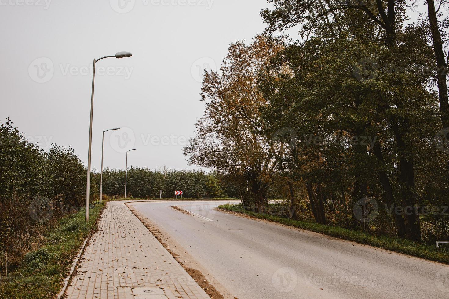 calm autumn landscape with road and trees on a gray cloudy day in Warsaw's  district in Poland photo