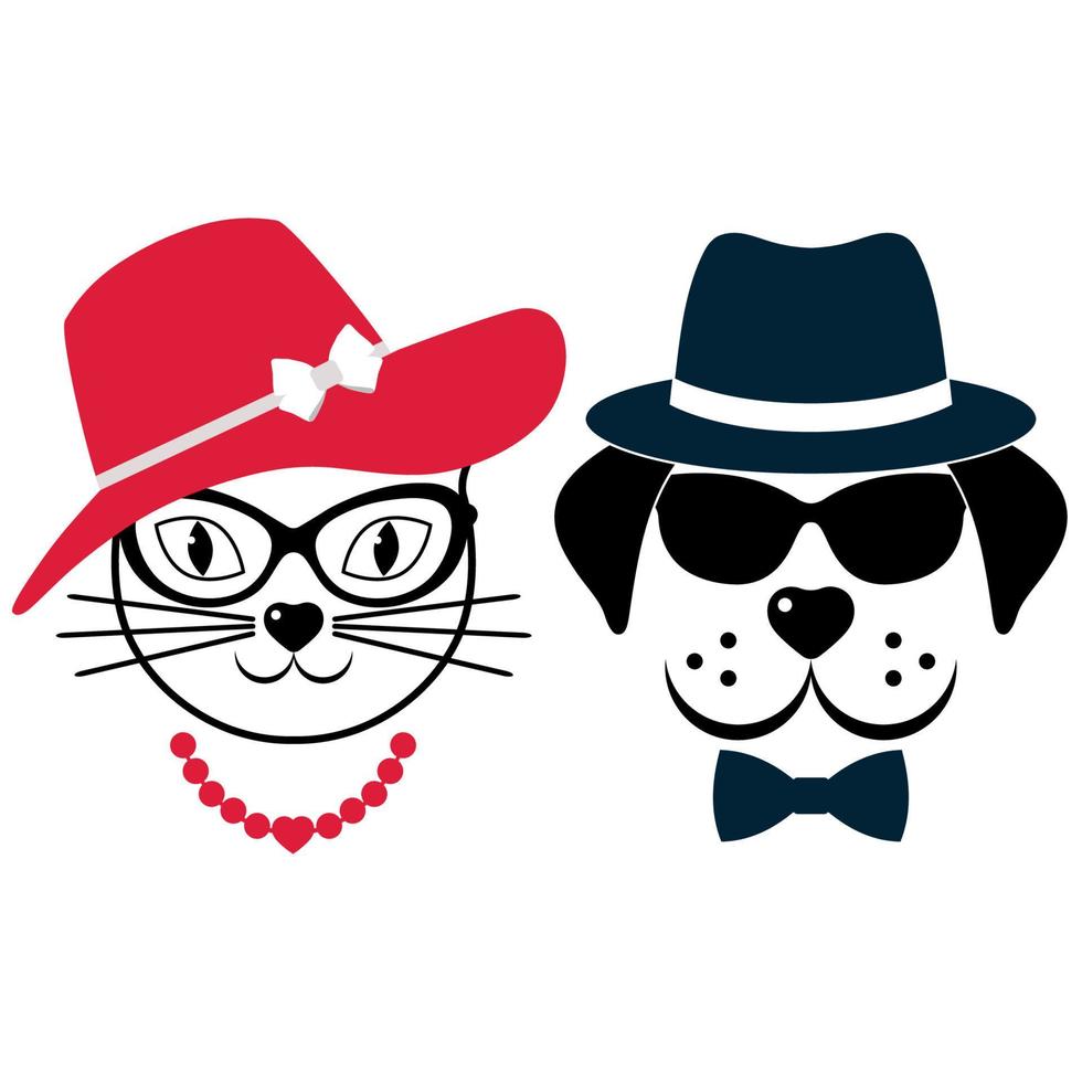 creativo ilustración de un perro y un gato en un sombrero y lentes en un blanco antecedentes vector