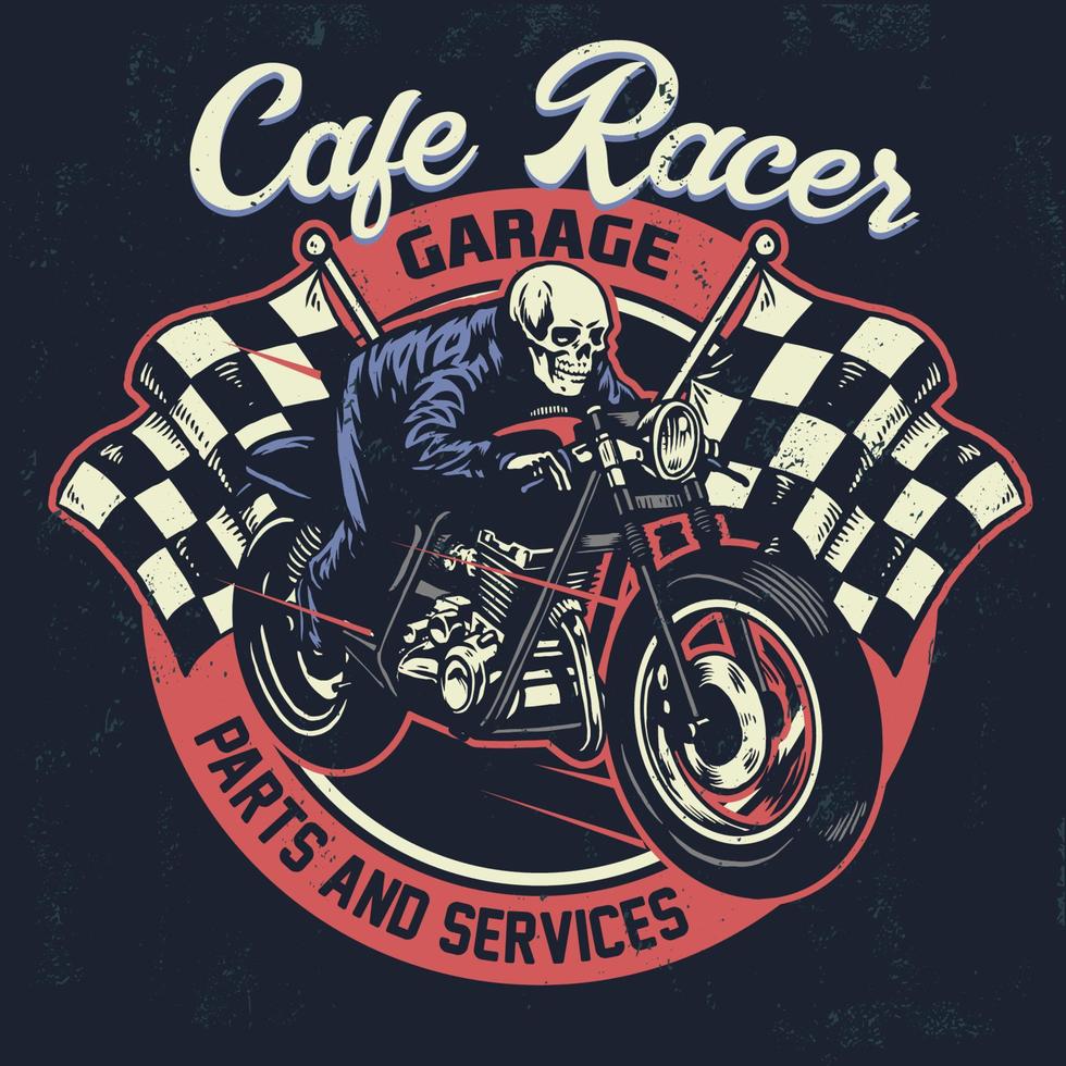 skull riding cafe racer motorcycle in textured vintage design vector