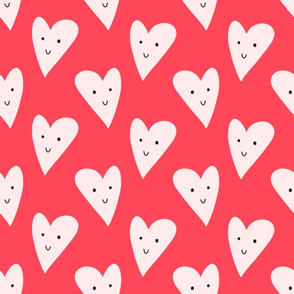 Cheerful heart with smiling face, hand drawn flat seamless pattern on red background. Valentine's day holiday. Great for wrapping paper. vector