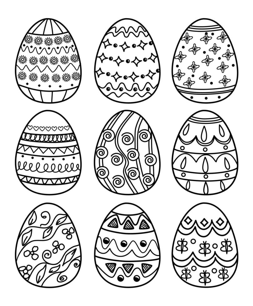 vector hand drawn line illustration, set of easter eggs black and white color on white isolated background