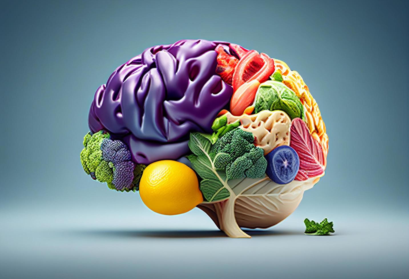 Human brain made of vegetables and fruits on black background. 3d illustration photo