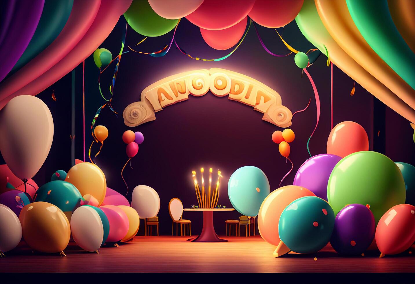 3d Illustration of stage with a lot of colorful balloons and confetti photo