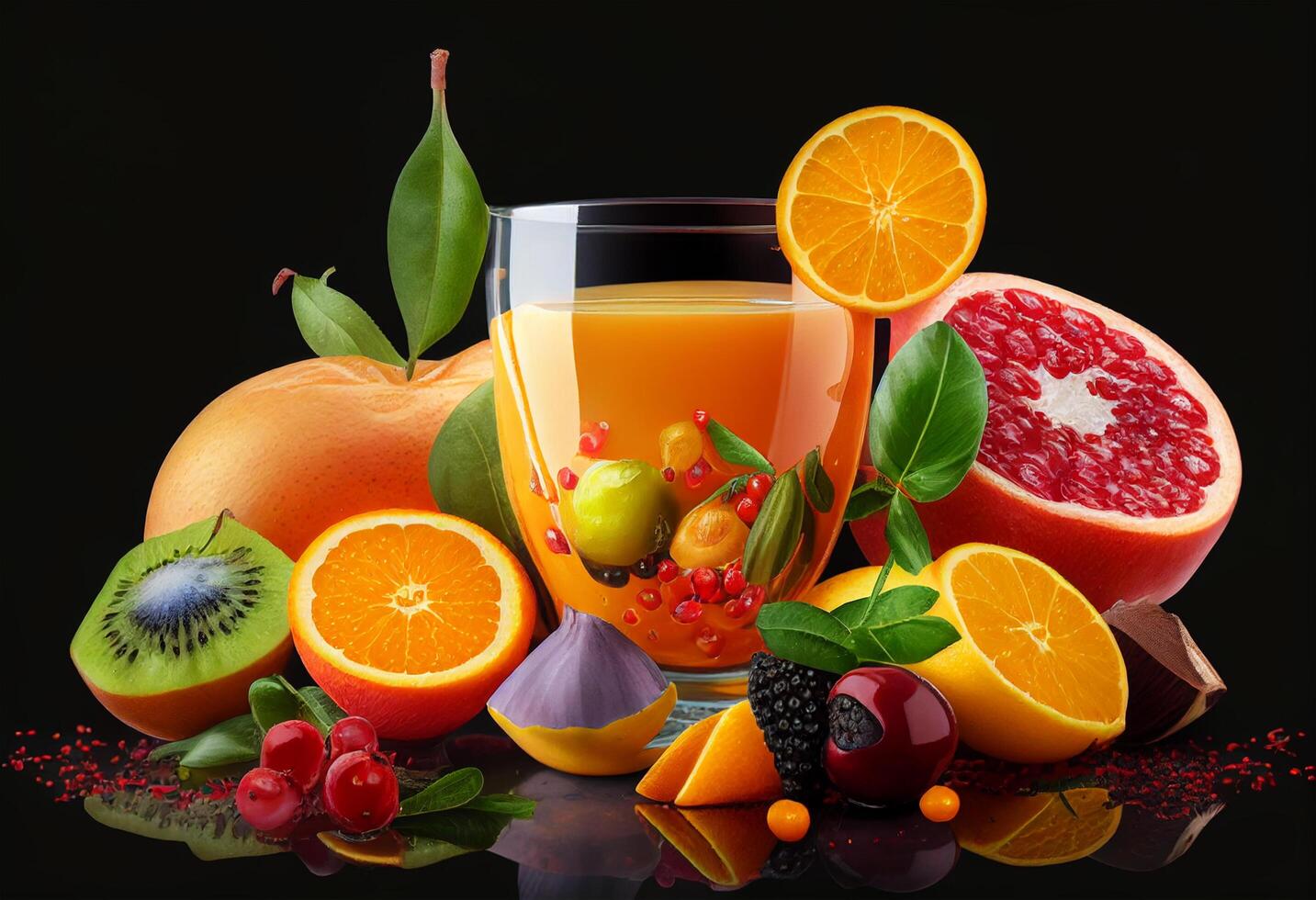 Mix Fruit juice in a glass with fresh fruits photo