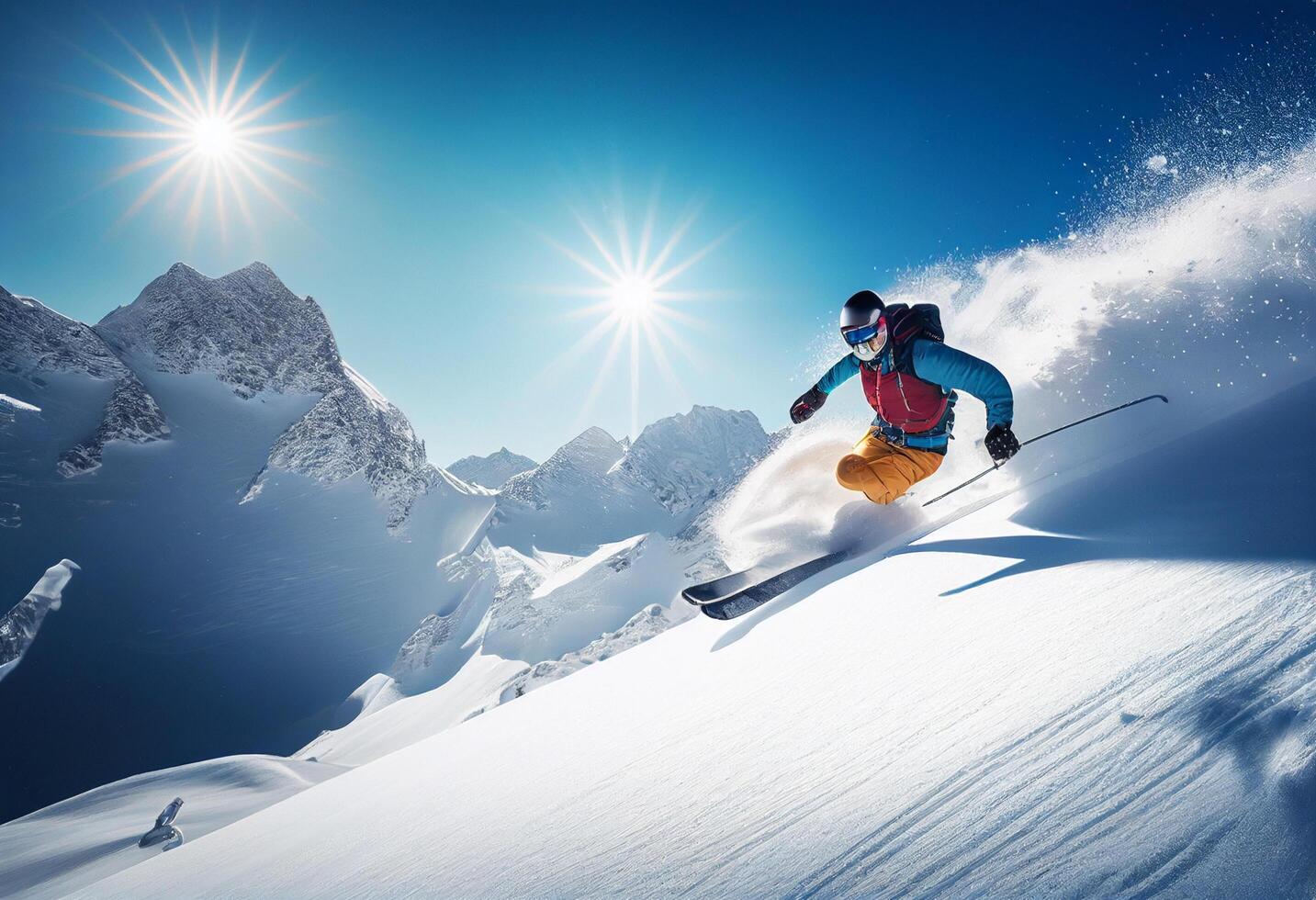Skier skiing downhill in high mountains during sunny day. Mixed media photo