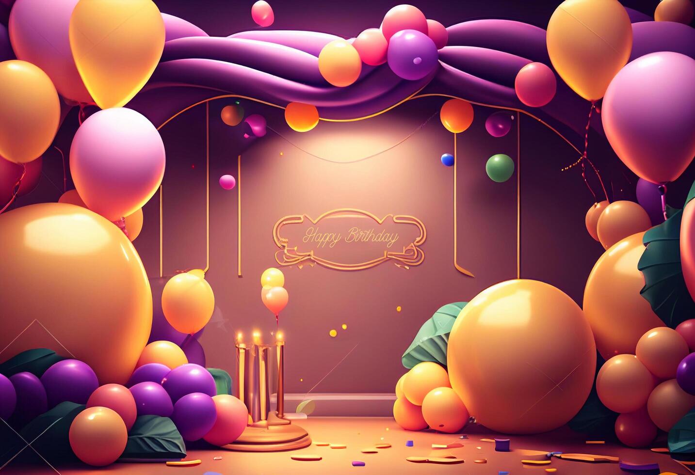 3d Illustration of stage with a lot of colorful balloons and confetti photo