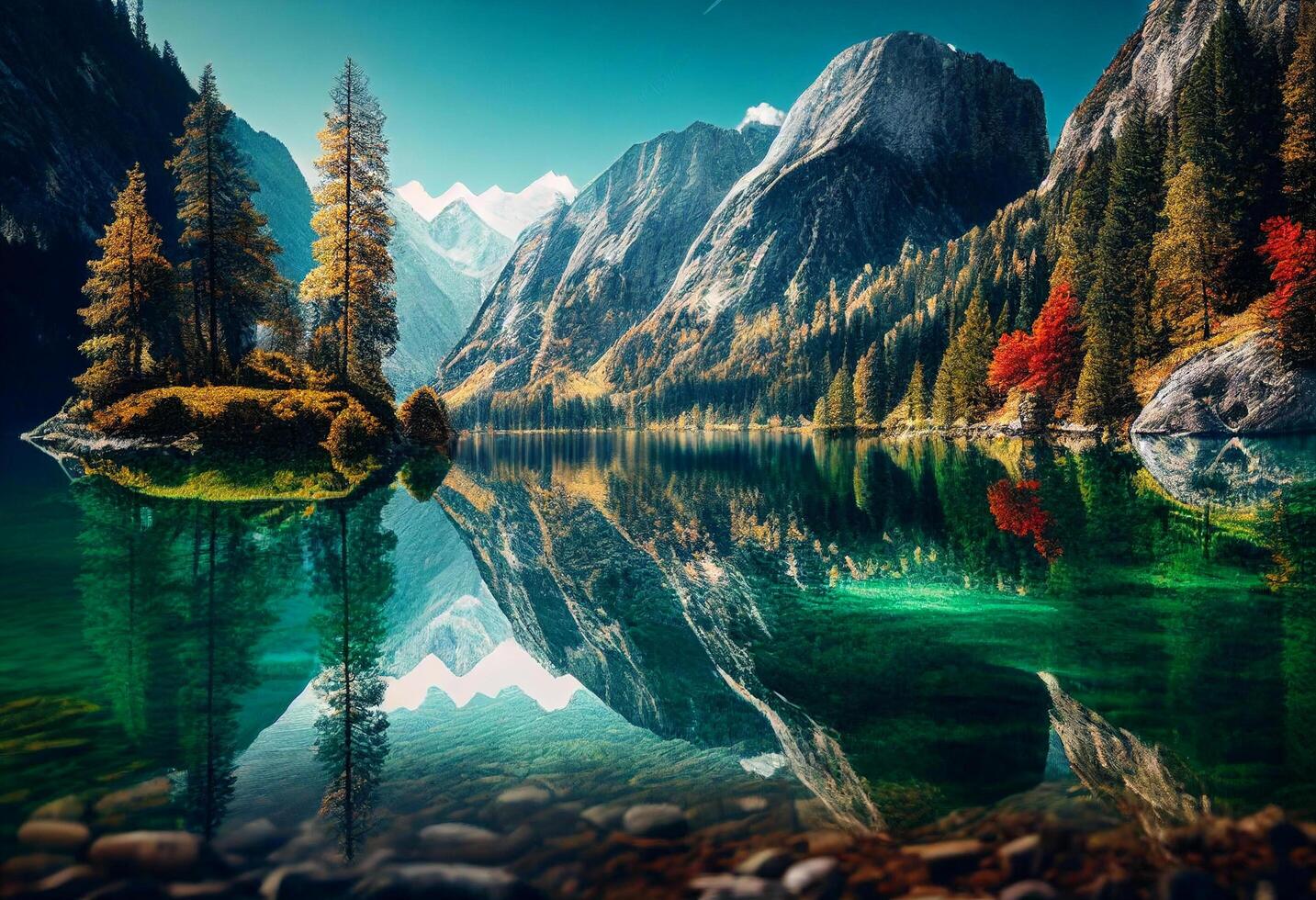 Autumn landscape with lake and mountains in the background. Lake in the mountains. photo