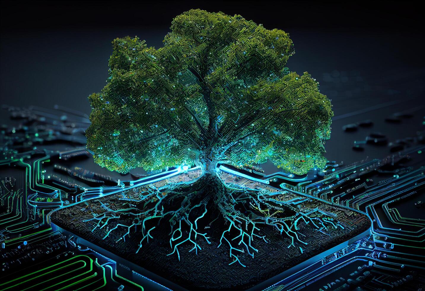 Circuit board with tree and microcircuit. 3d illustration photo
