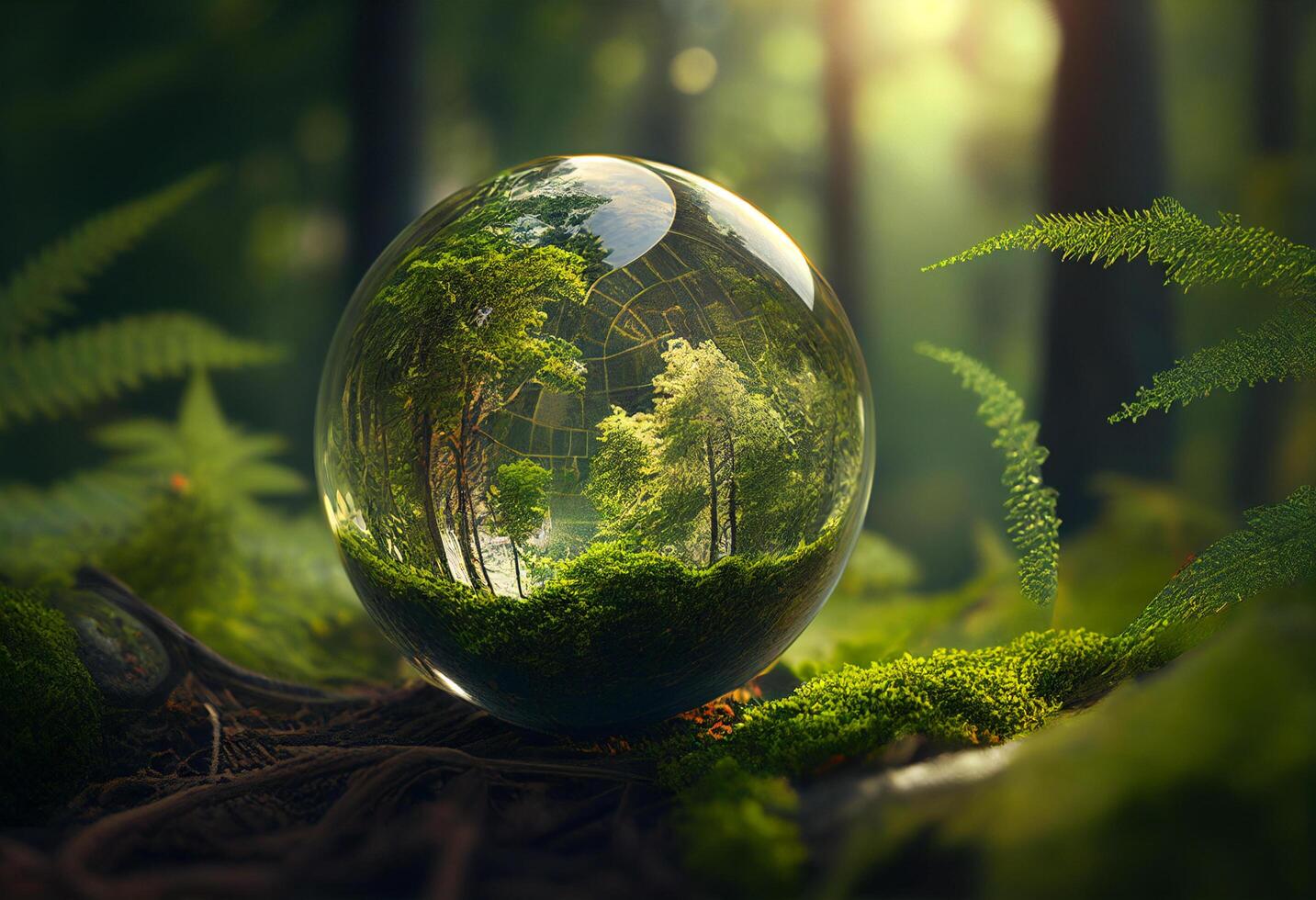 Crystal ball in green forest with ferns. 3D rendering photo