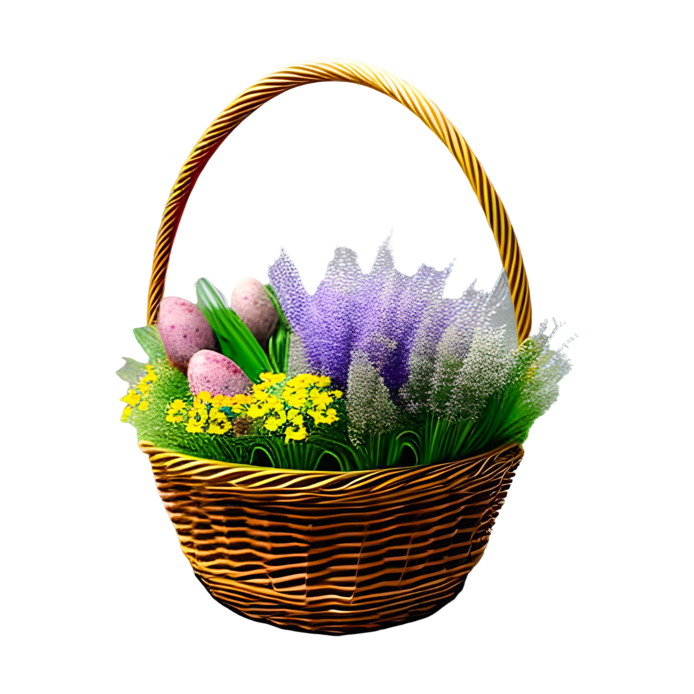 Happy Easter day colorful eggs in basket with flowers png
