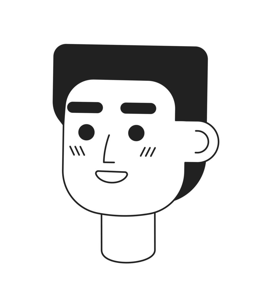 Cheerful young man with shining smile monochromatic flat vector character head. Black white avatar icon. Editable cartoon user portrait. Lineart ink spot illustration for web graphic design, animation