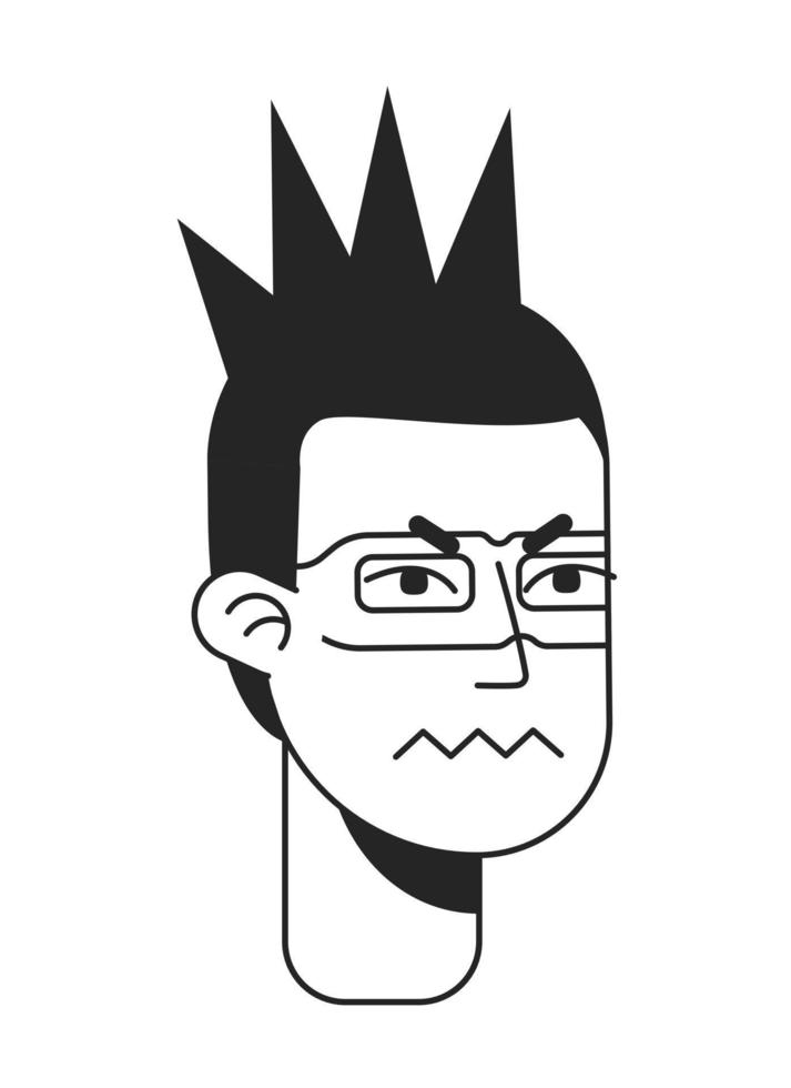 enojado delincuente con mohawk monocromo plano vector personaje cabeza. negro y blanco avatar icono. editable dibujos animados usuario retrato. mano dibujado tinta Mancha ilustración para web gráfico diseño y animación