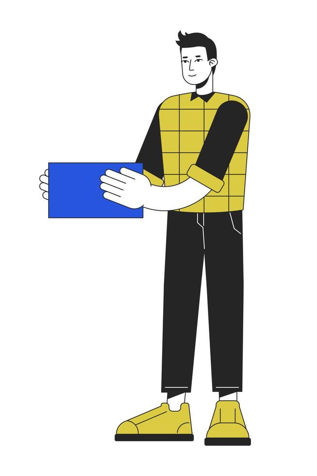 sonriente hombre con azul bloquear lineal plano color vector personaje. editable cifra. lleno cuerpo persona en blanco. Delgado línea dibujos animados estilo Mancha ilustración para web gráfico diseño y animación