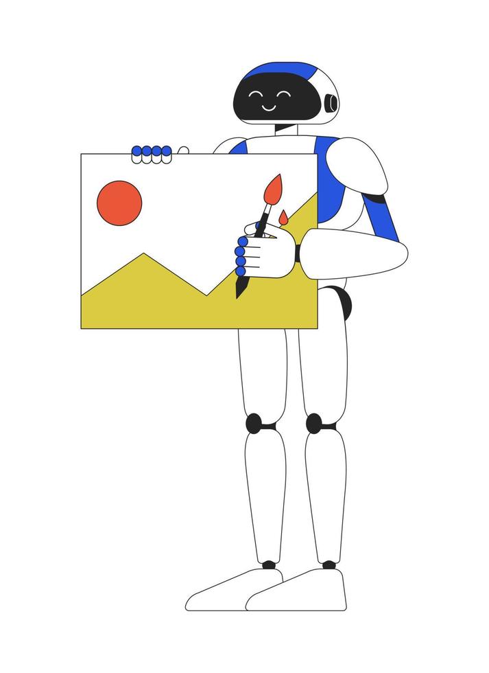 Satisfied humanoid robot with painting linear flat color vector character. Editable figure. Full body machine on white. Thin line cartoon style spot illustration for web graphic design and animation