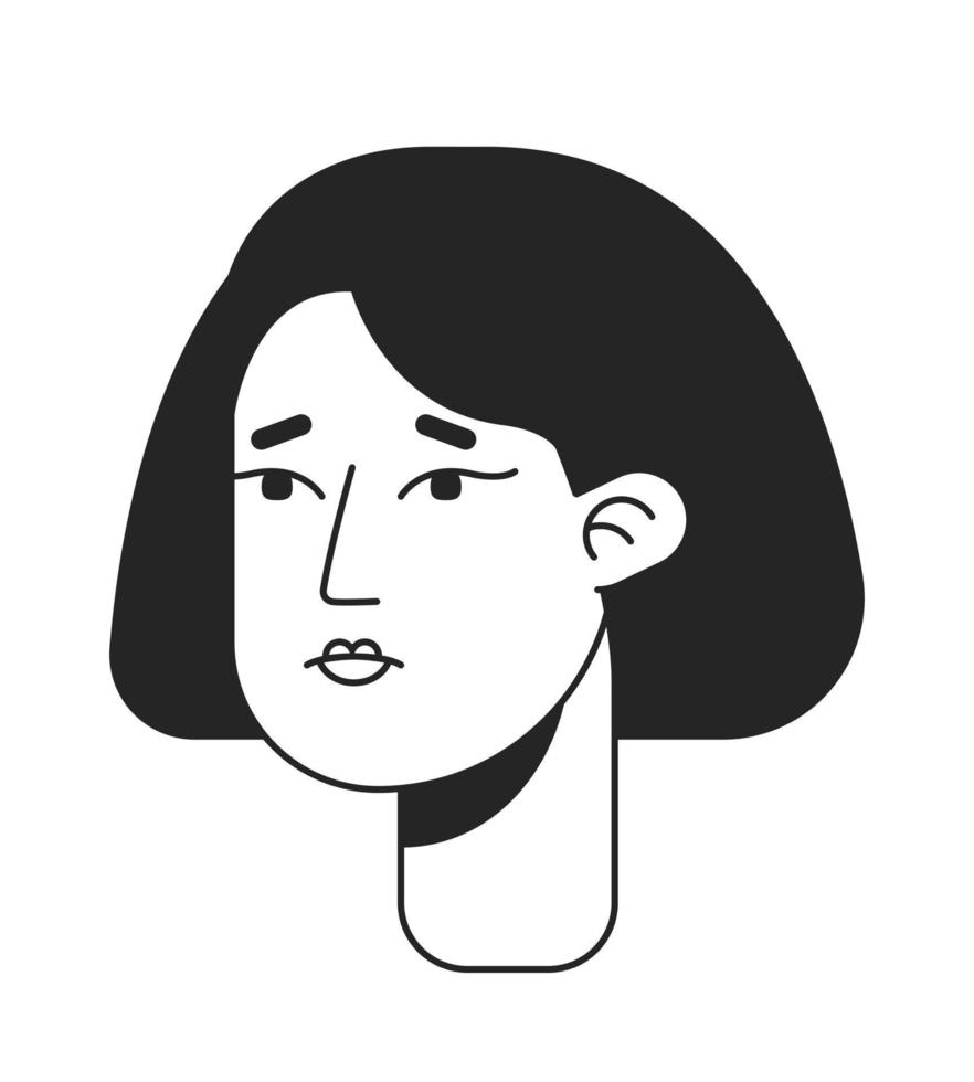 preocupado mujer con medio Corte de pelo monocromo plano vector personaje cabeza. negro blanco avatar icono. editable dibujos animados usuario retrato. arte lineal tinta Mancha ilustración para web gráfico diseño, animación