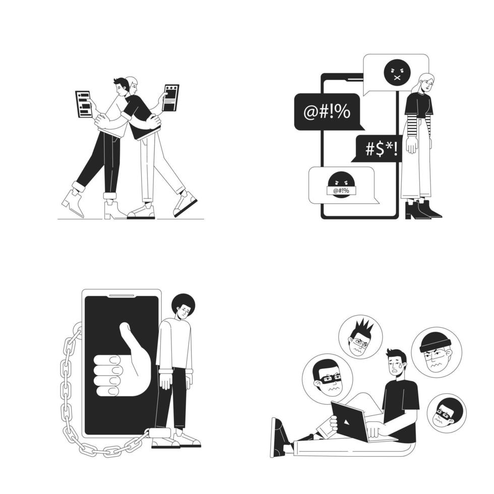 Dangers of using internet nowadays black and white concept vector spot illustration set. Editable 2D flat monochrome cartoon characters for web design. Line art ideas pack for website, mobile, blog