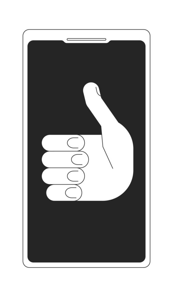 Mobile phone screen with thumb up hand monochrome flat vector object. Editable black and white icon. Full sized element. Simple thin line art spot illustration for web graphic design and animation