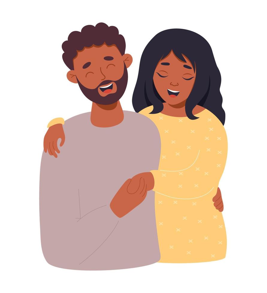 Happy in love black couple. Cute ethnic woman and man are hugging and laugh. Vector illustration in flat style of loving pair for valentine card, wedding and birthday design.